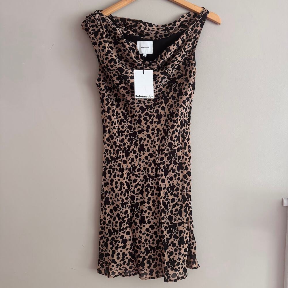 Reformation Kristine Mini Dress Leopard Print Cowl Neck Size 6 NEW